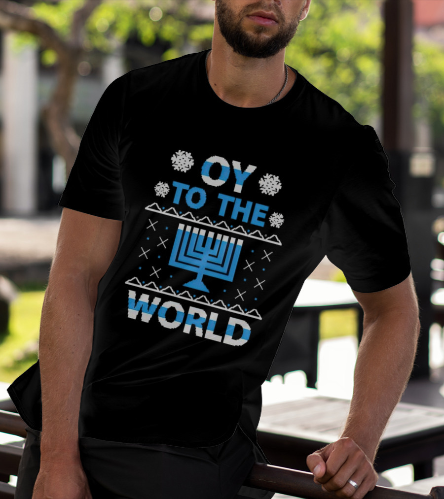 Oy To The World Happy Hanukkah Menorah Snowflakes T-Shirt