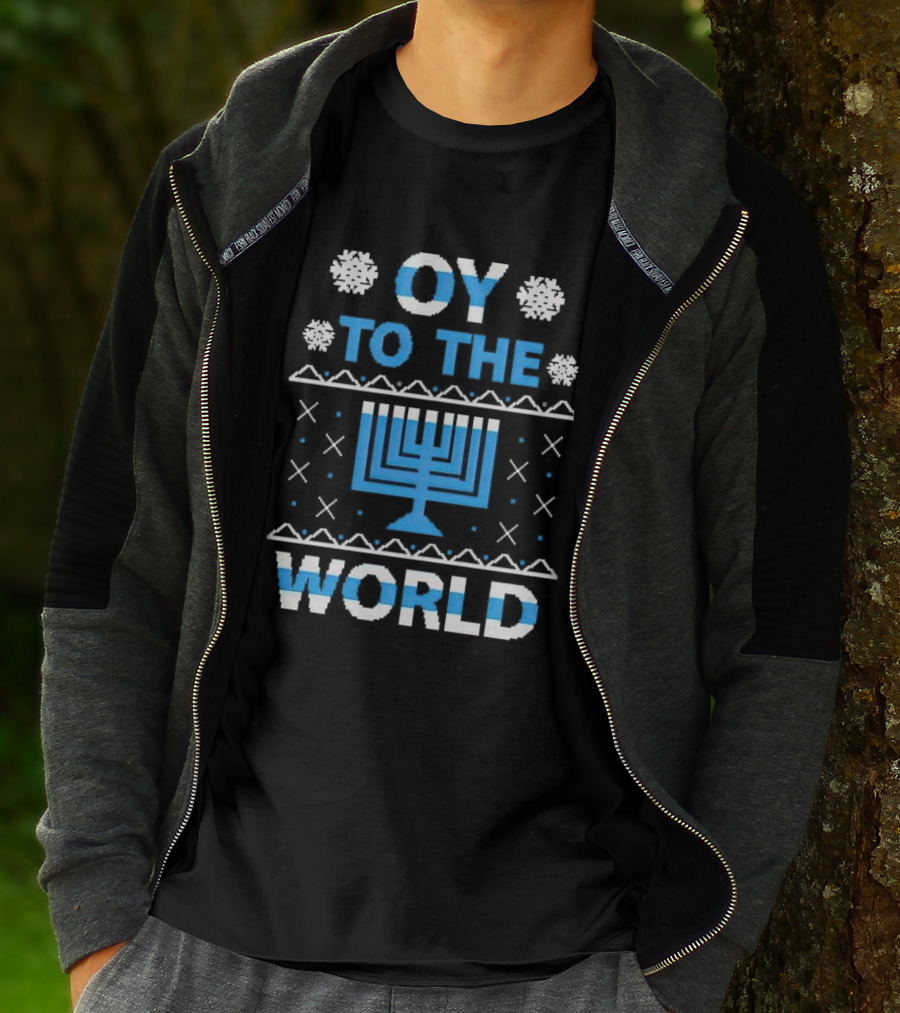 Oy To The World Happy Hanukkah Menorah Snowflakes T-Shirt