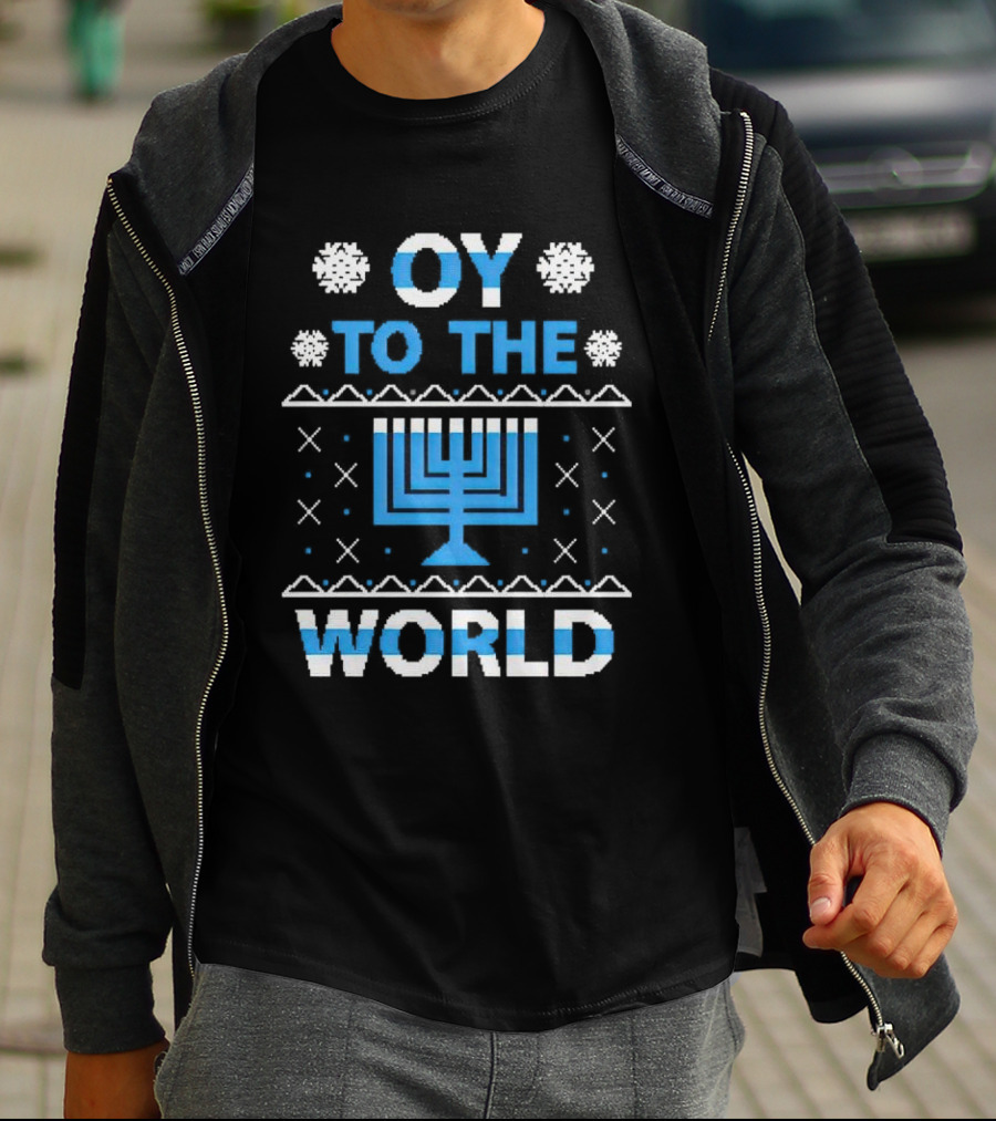 Oy To The World Happy Hanukkah Menorah Snowflakes T-Shirt