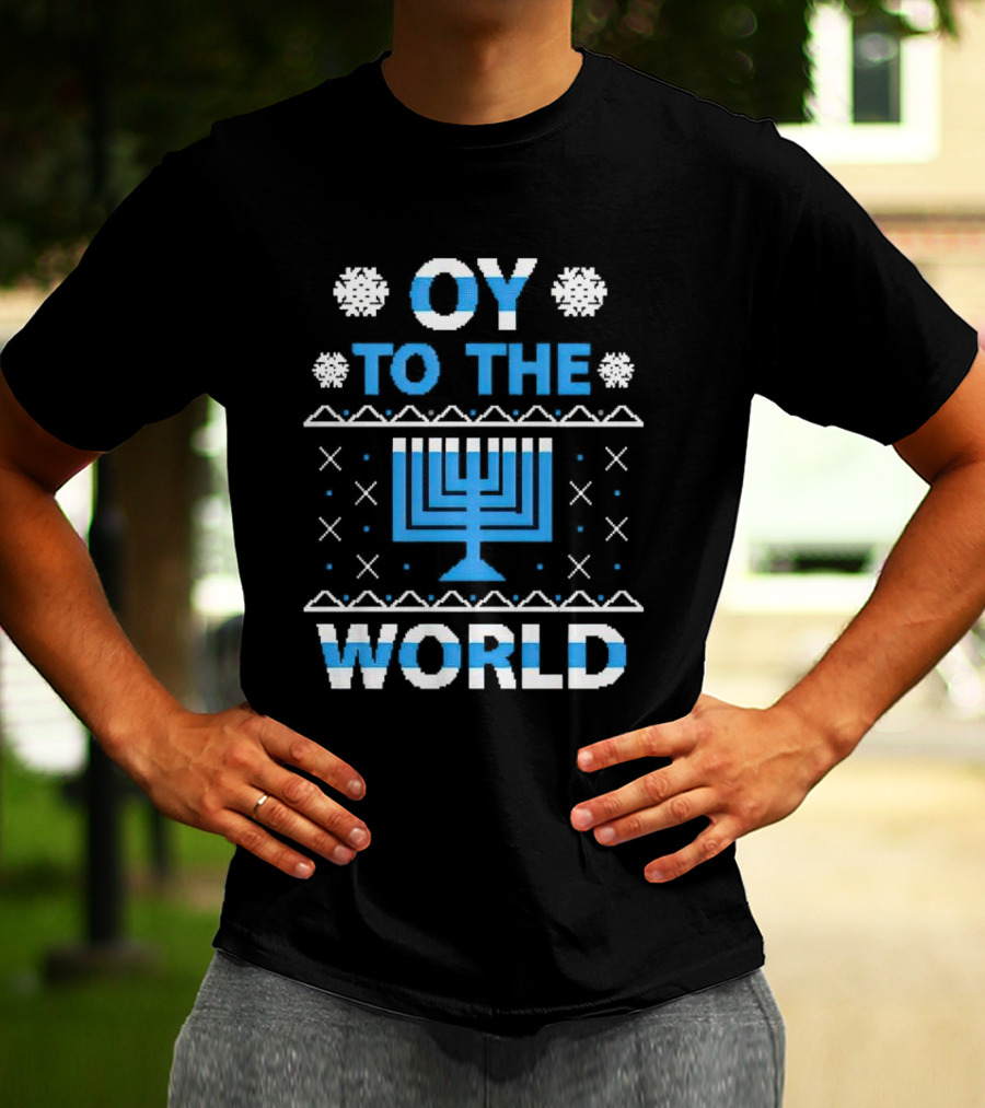 Oy To The World Happy Hanukkah Menorah Snowflakes T-Shirt