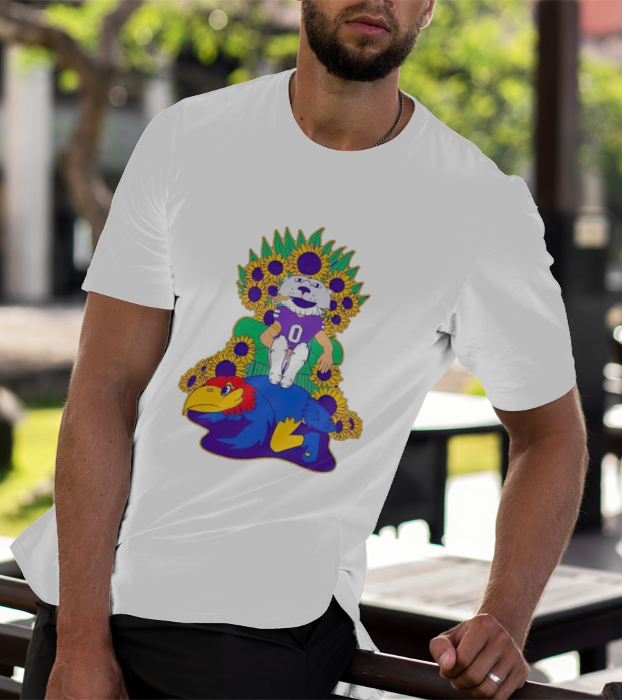 Willie Wildcats Sitting Victorious On Jayhawk Surrounded By Sunflowers T-Shirt