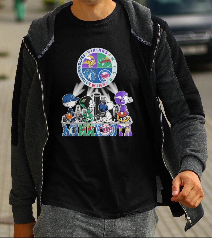 Peanuts Characters Minnesota Vikings Timberwolves Wild Twins Walking In Minnesota T-Shirt