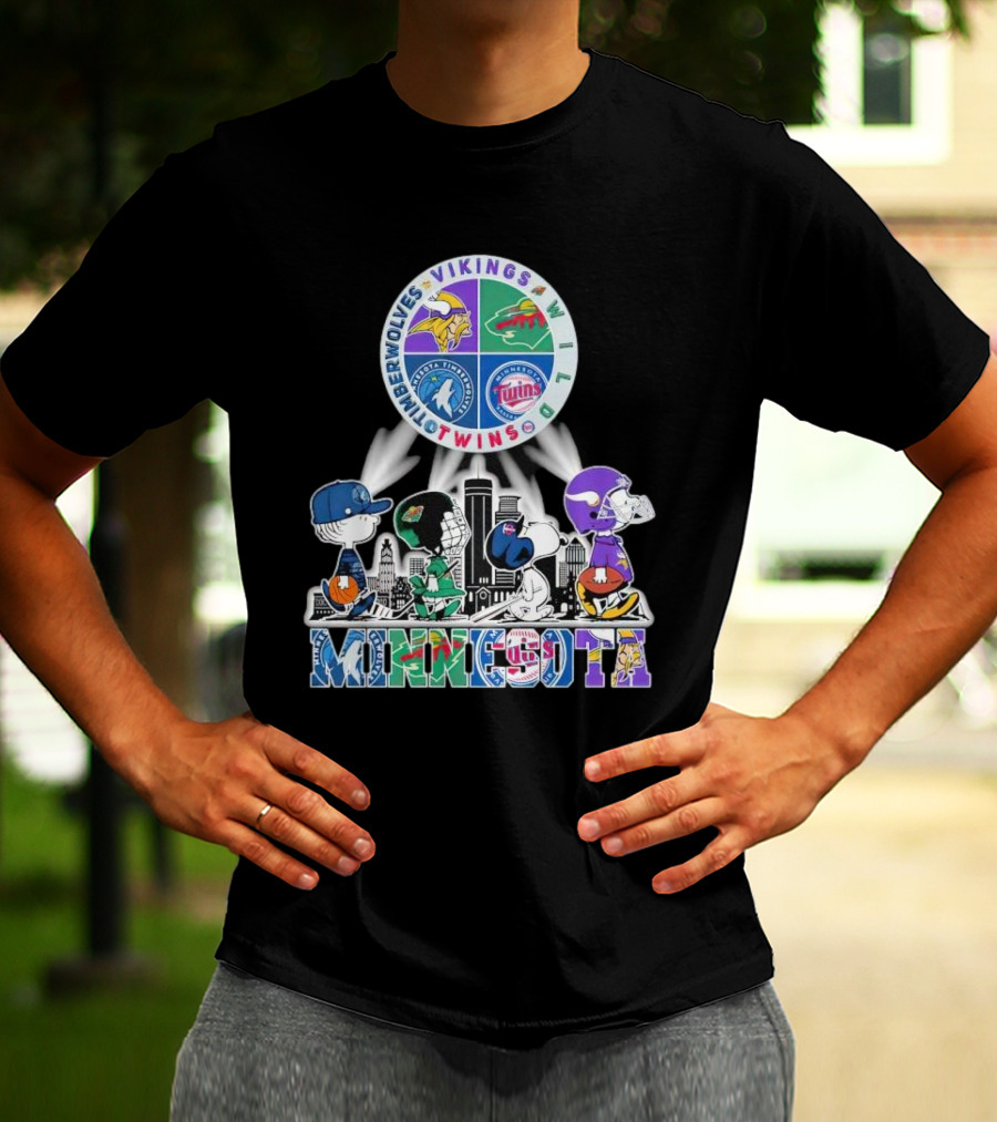 Peanuts Characters Minnesota Vikings Timberwolves Wild Twins Walking In Minnesota T-Shirt