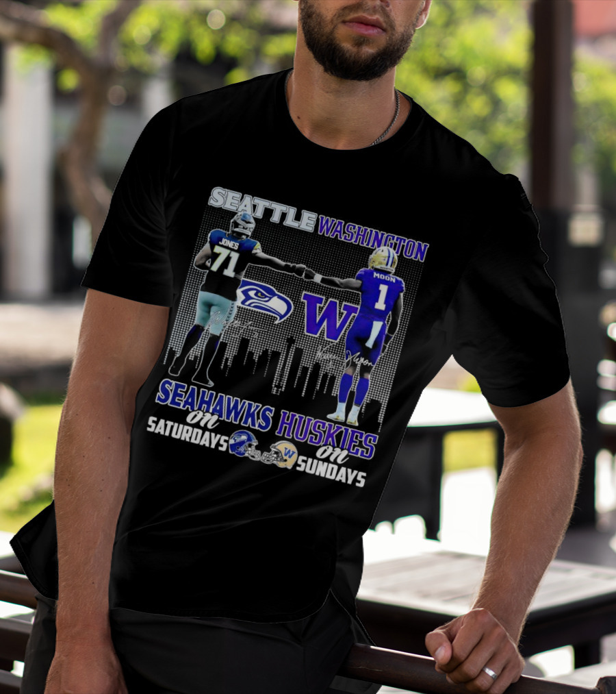 Seattle Seahawks Jones Saturdays Washington Huskies Moon Sundays T-Shirt