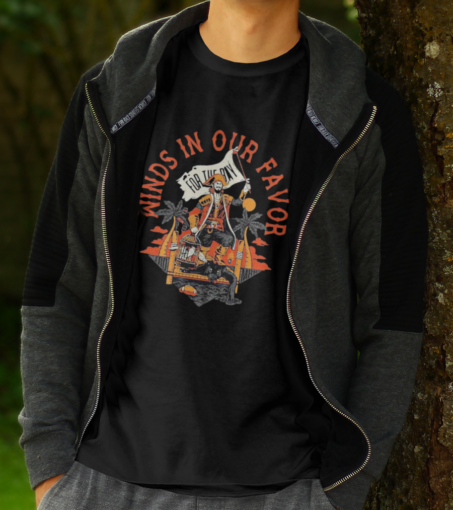 Winds In Our Favor Pirate With Flag And Parrot Tropical Scene T-Shirt