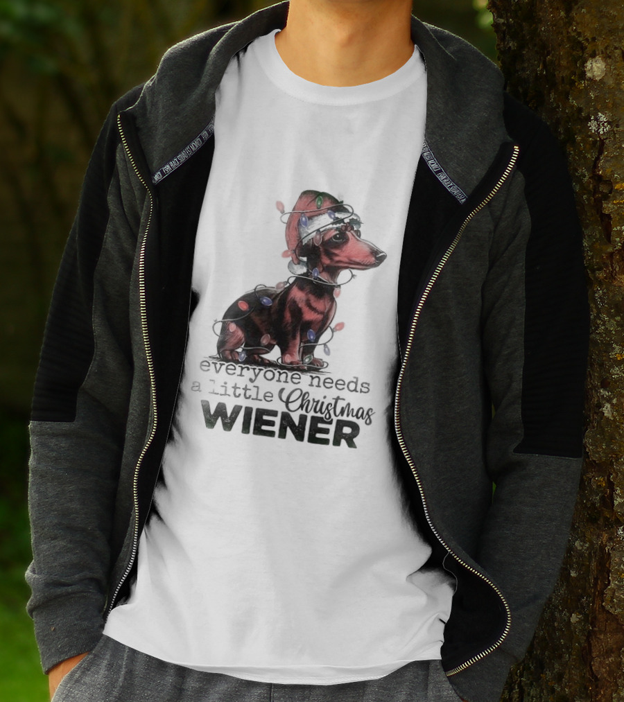 Everyone Needs A Little Christmas Wiener Dachshund With Lights And Santa Hat T-Shirt
