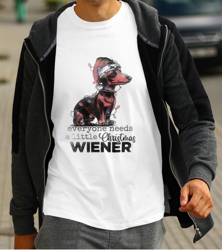 Everyone Needs A Little Christmas Wiener Dachshund With Lights And Santa Hat T-Shirt
