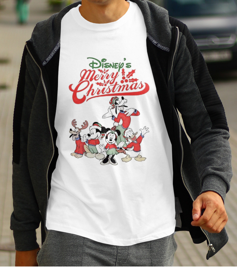 Disney’s Merry Christmas Mickey Minnie Goofy Pluto Festive Holiday T-Shirt
