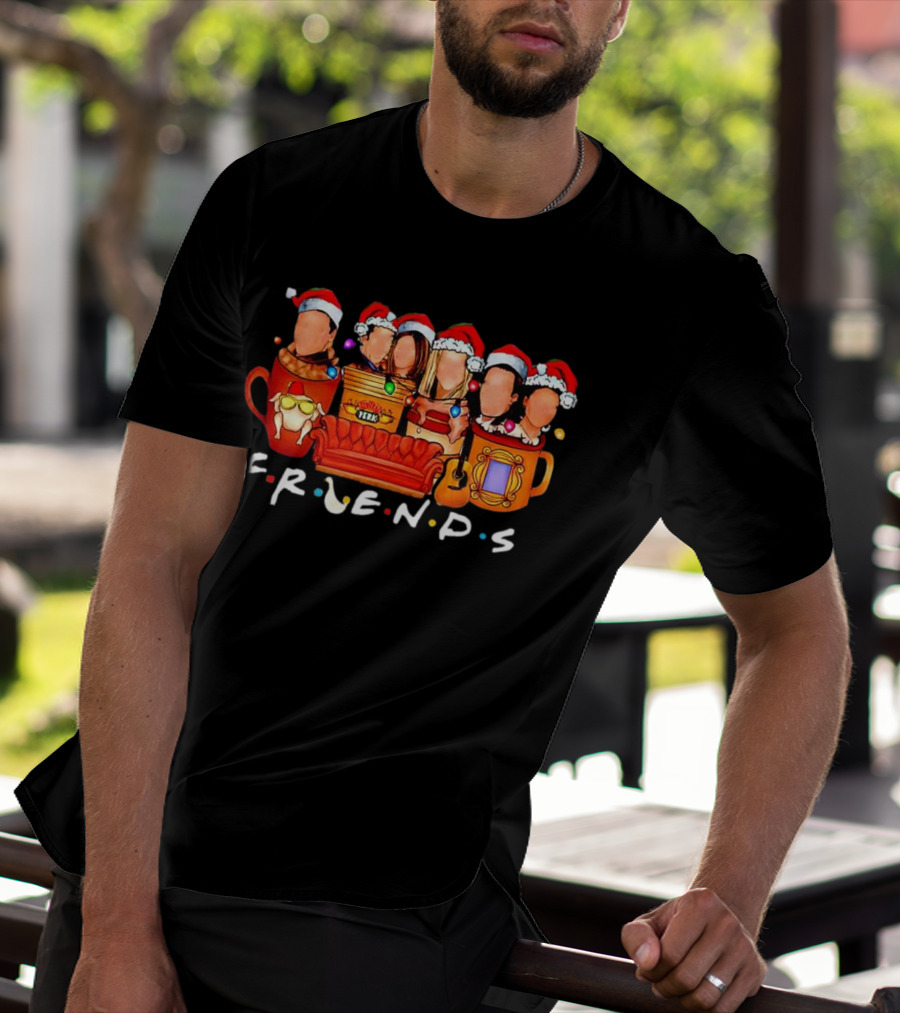 Friends Christmas Santa Hats Couch Central Perk Logo Mugs Guitar T-Shirt