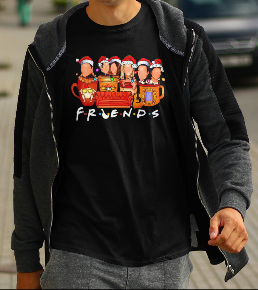 Friends Christmas Santa Hats Couch Central Perk Logo Mugs Guitar T-Shirt