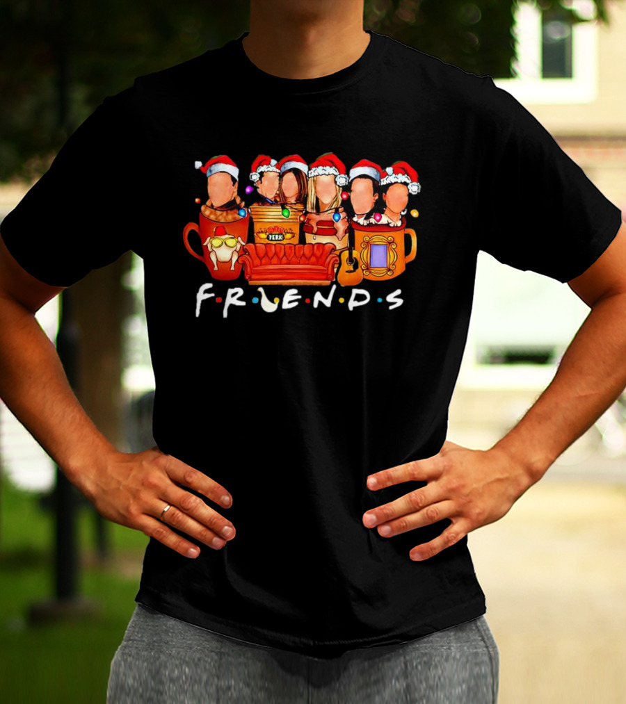 Friends Christmas Santa Hats Couch Central Perk Logo Mugs Guitar T-Shirt