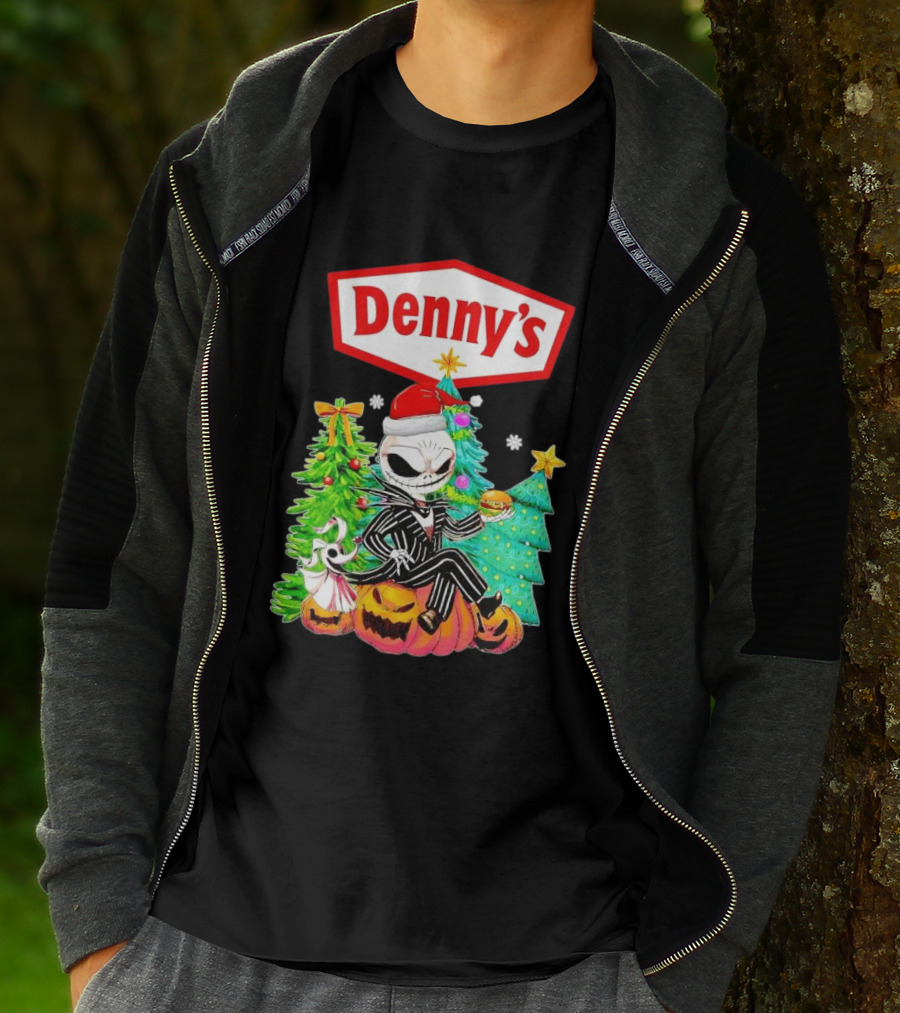 Denny’s Jack Skellington Santa Sitting On Pumpkins With Christmas Trees T-Shirt