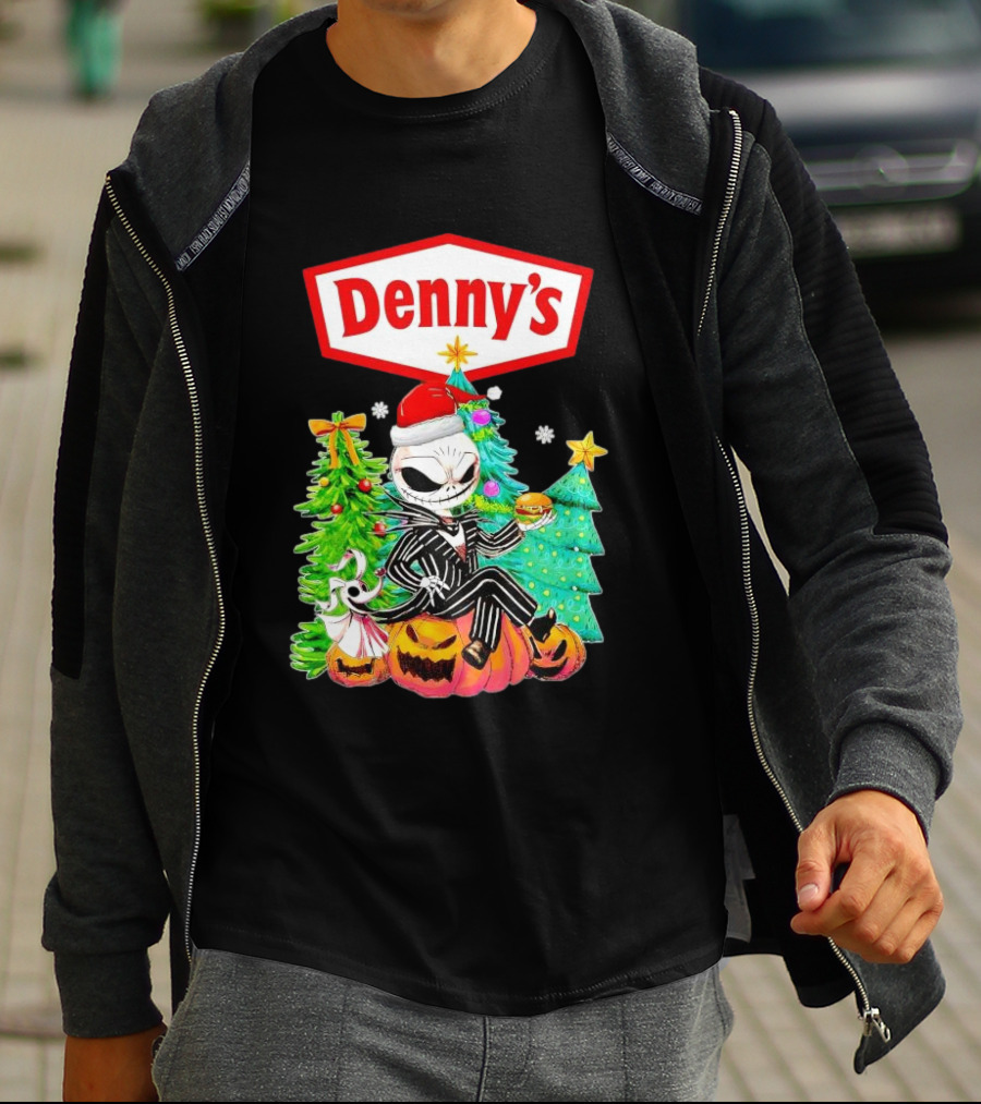 Denny’s Jack Skellington Santa Sitting On Pumpkins With Christmas Trees T-Shirt