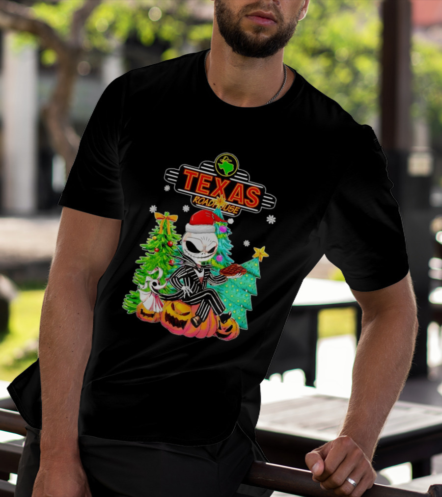Jack Skellington Christmas With Texas Roadhouse Pumpkin And Christmas Trees T-Shirt