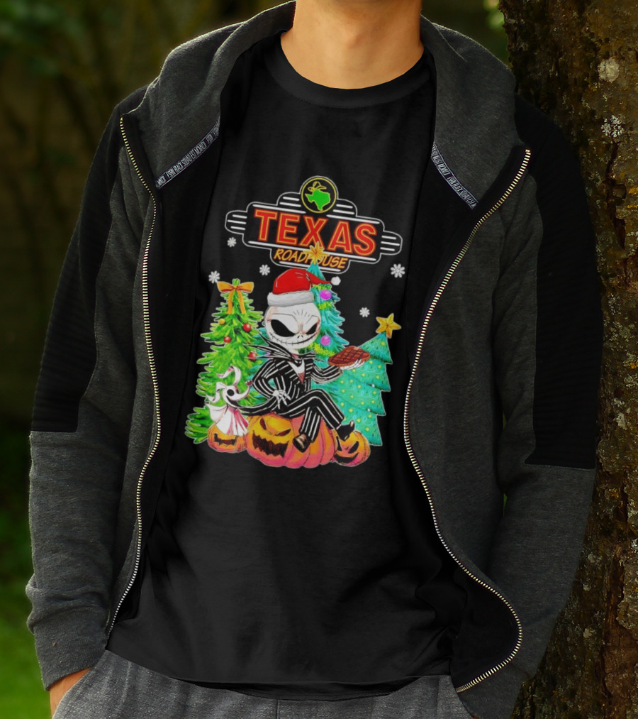 Jack Skellington Christmas With Texas Roadhouse Pumpkin And Christmas Trees T-Shirt