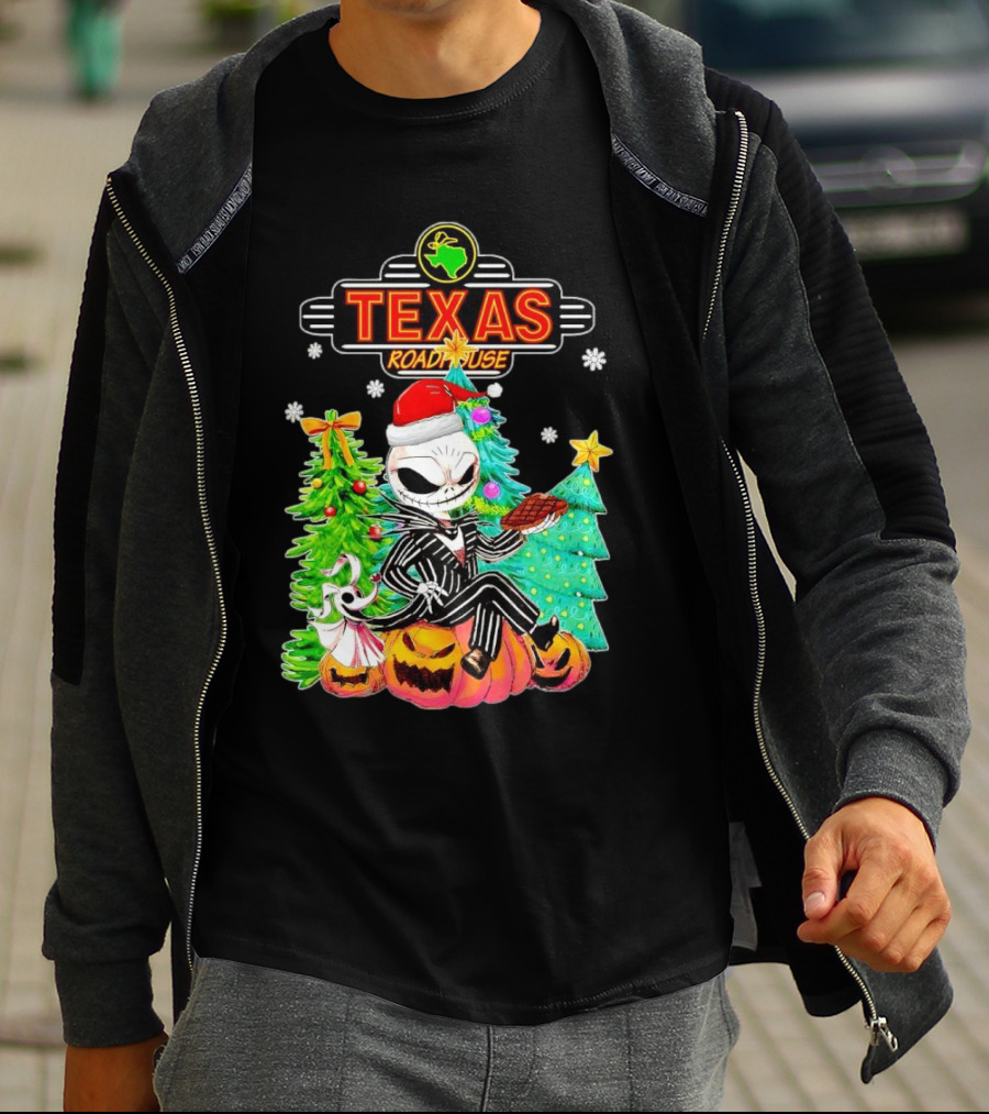 Jack Skellington Christmas With Texas Roadhouse Pumpkin And Christmas Trees T-Shirt