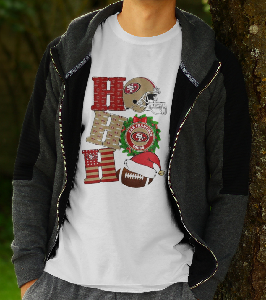 San Francisco 49ers Ho Ho Ho Merry Christmas Football Helmet Wreath Santa Hat T-Shirt