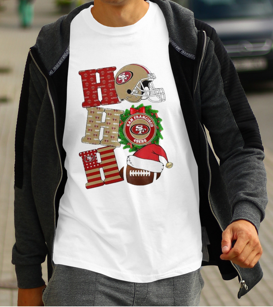 San Francisco 49ers Ho Ho Ho Merry Christmas Football Helmet Wreath Santa Hat T-Shirt