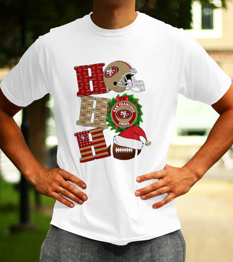 San Francisco 49ers Ho Ho Ho Merry Christmas Football Helmet Wreath Santa Hat T-Shirt