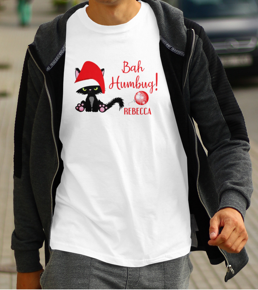 Santa Black Cat Bah Humbug Xmas Custom Name Rebecca T-Shirt