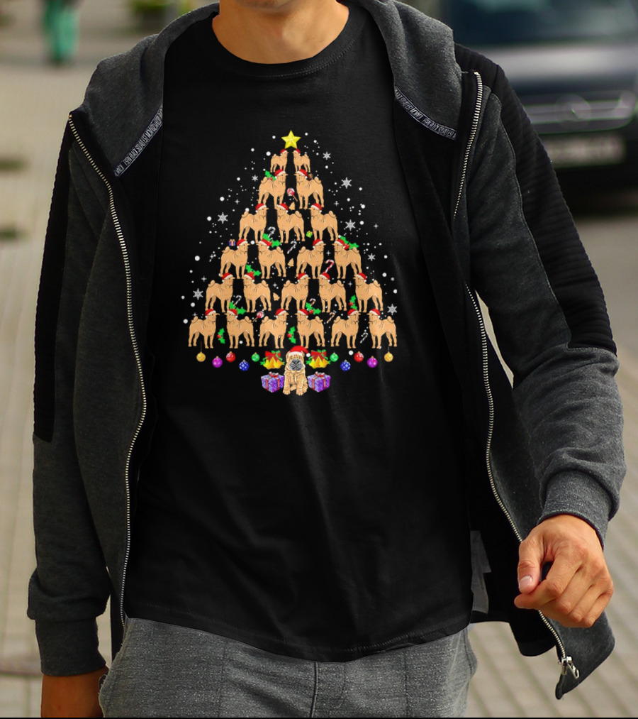 Shar Pei Holiday Tree With Festive Lights And Santa Hats T-Shirt