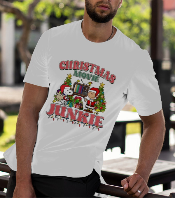 Snoopy And Charlie Brown Christmas Movie Junkie With TV And Gifts T-Shirt