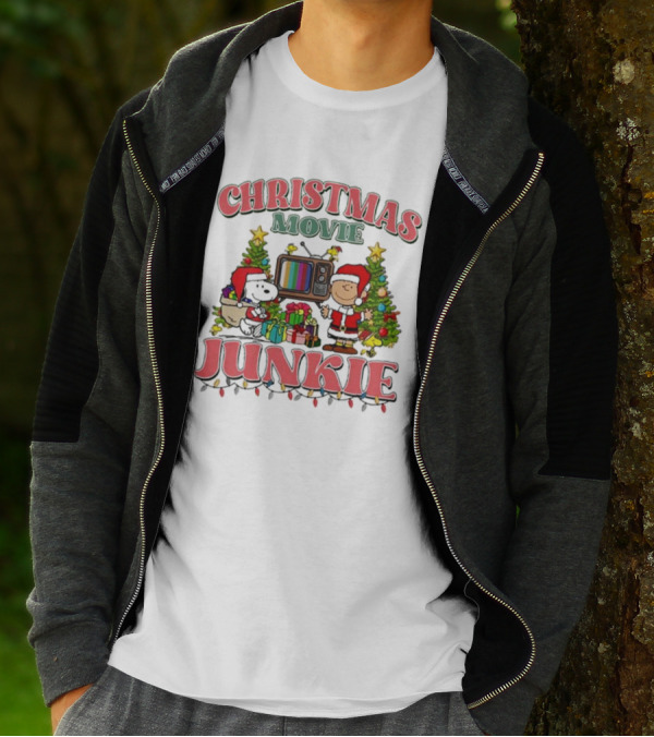 Snoopy And Charlie Brown Christmas Movie Junkie With TV And Gifts T-Shirt