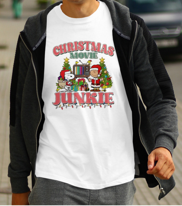 Snoopy And Charlie Brown Christmas Movie Junkie With TV And Gifts T-Shirt