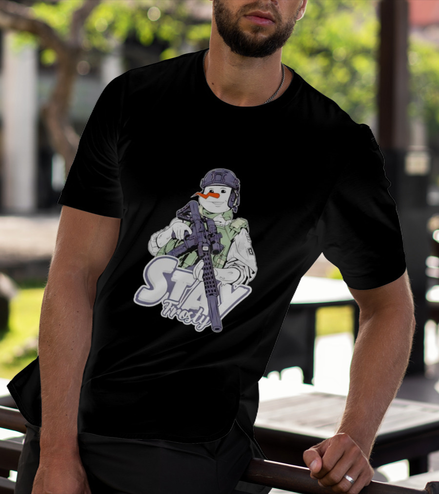 Stay Frosty Snowman Soldier With Rifle Drawing T-Shirt