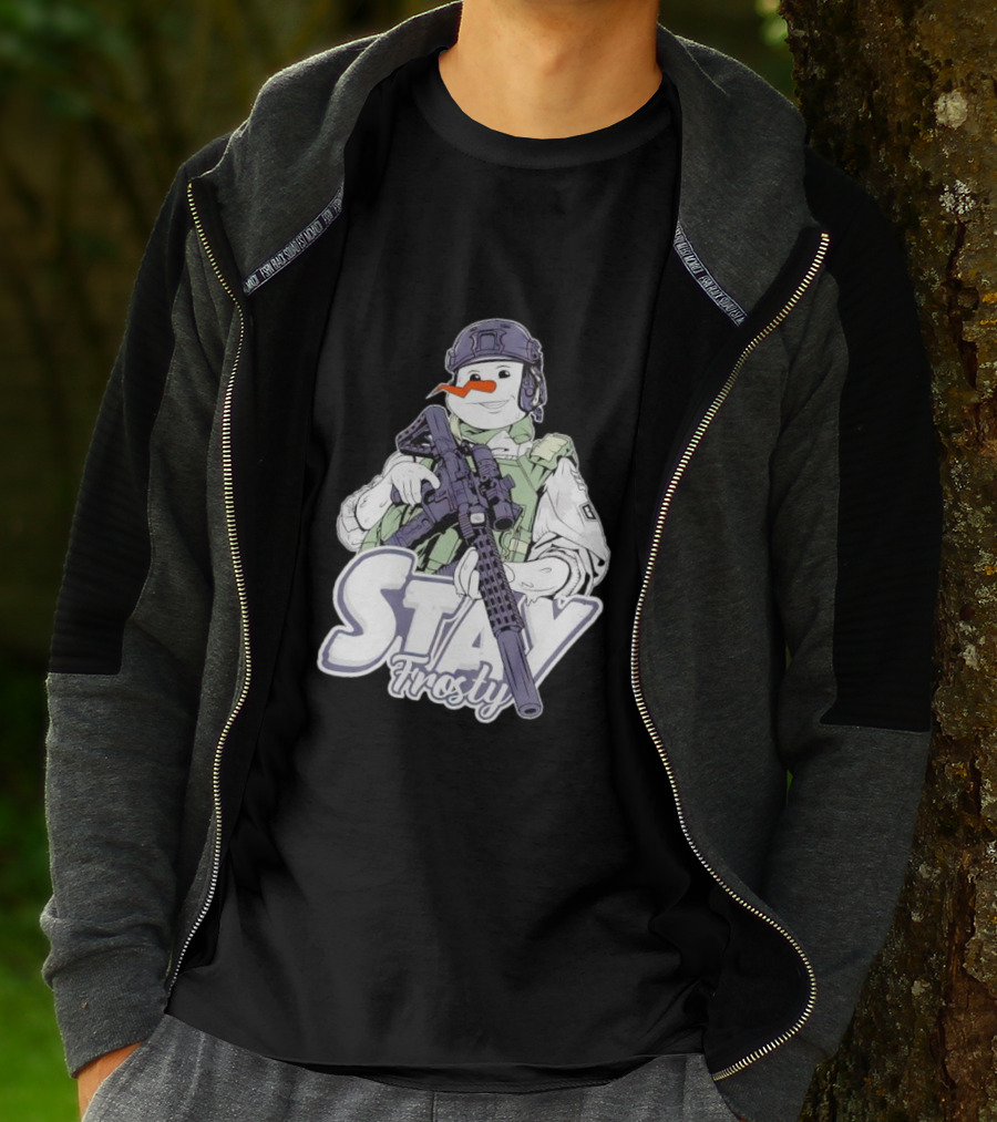 Stay Frosty Snowman Soldier With Rifle Drawing T-Shirt