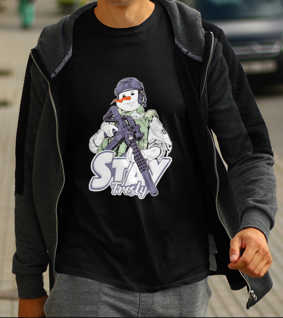 Stay Frosty Snowman Soldier With Rifle Drawing T-Shirt