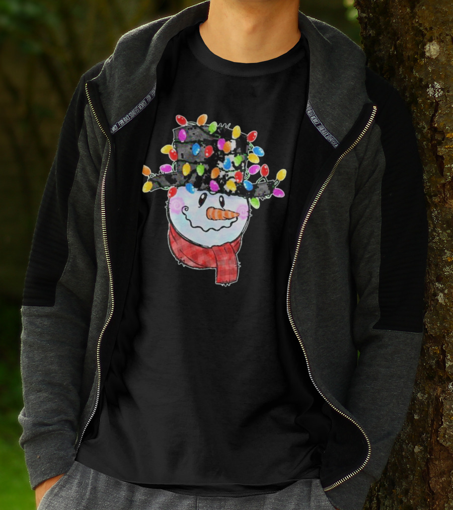 Snowman Wrapped In Colorful Christmas Lights With Black Top Hat And Red Scarf T-Shirt