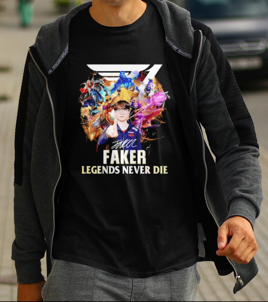 T1 Faker Legends Never Die Signature With Dynamic Character T-Shirt