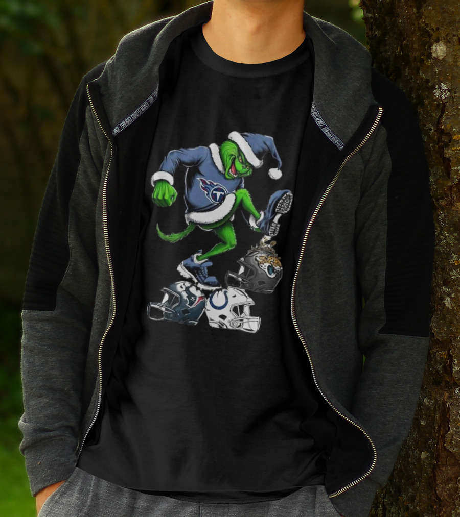 Tennessee Titans Grinch Stomping Jaguars Texans Colts Helmets Christmas T-Shirt
