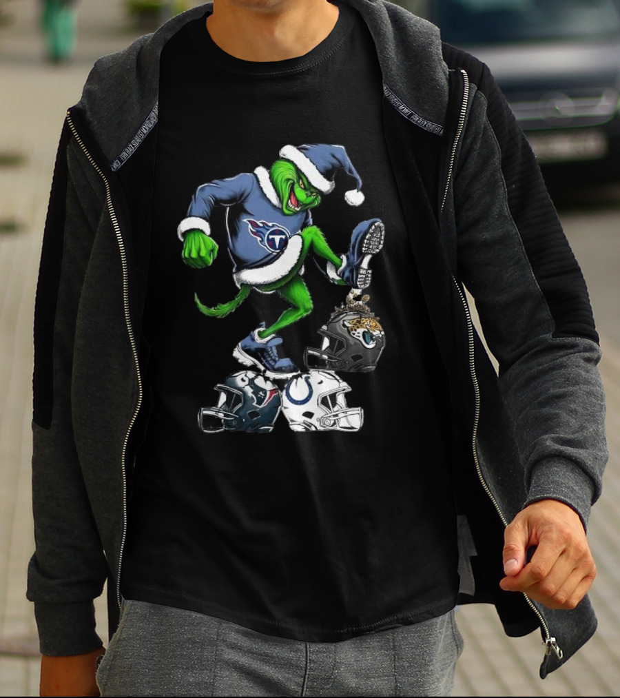 Tennessee Titans Grinch Stomping Jaguars Texans Colts Helmets Christmas T-Shirt