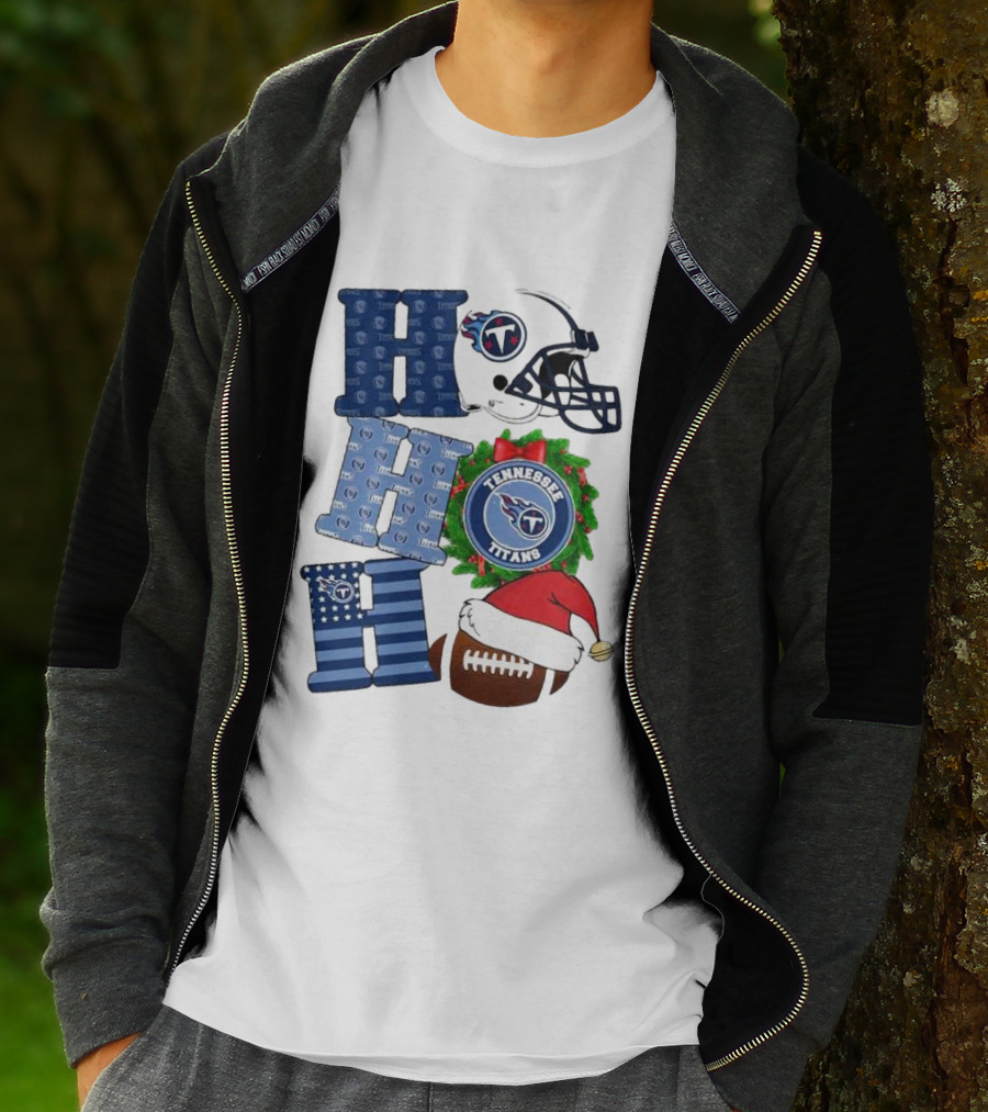 Tennessee Titans Ho Ho Ho Merry Christmas Football Helmet Santa Hat Wreath T-Shirt