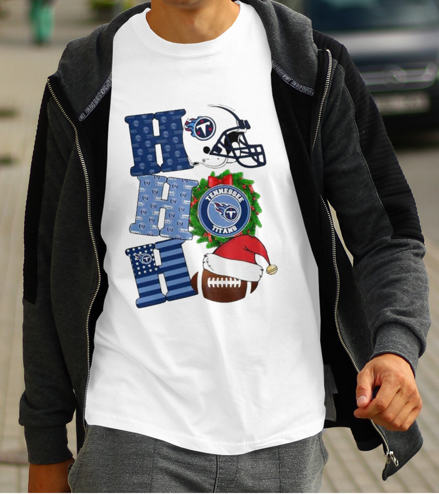 Tennessee Titans Ho Ho Ho Merry Christmas Football Helmet Santa Hat Wreath T-Shirt