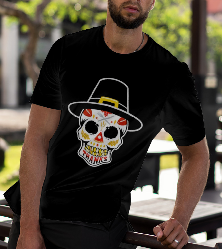 Thanksgiving Sugar Skull Thanks Pilgrim Hat Football Leaves T-Shirt