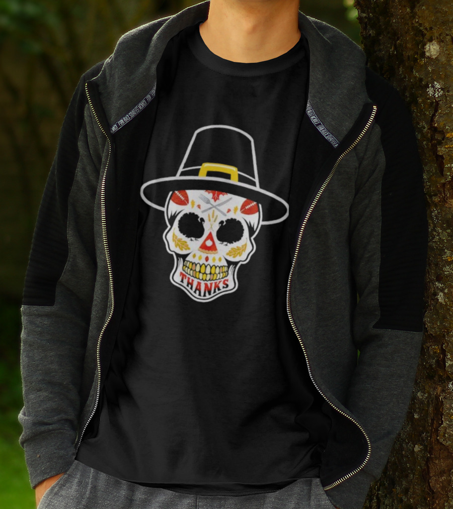 Thanksgiving Sugar Skull Thanks Pilgrim Hat Football Leaves T-Shirt