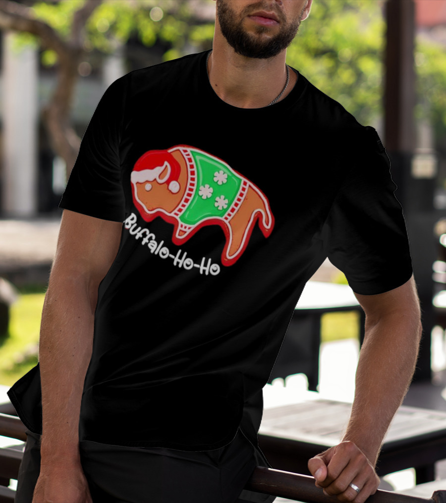 Buffalo-Ho-Ho Christmas Gingerbread Bison Santa T-Shirt