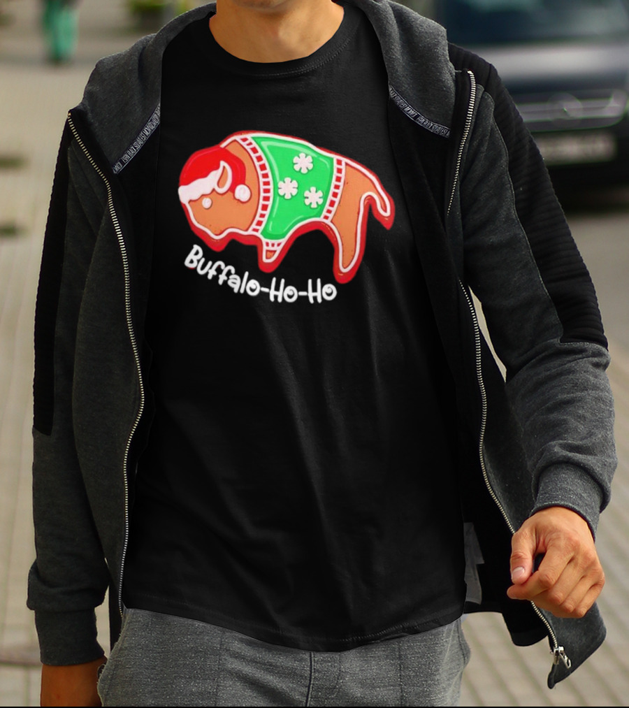 Buffalo-Ho-Ho Christmas Gingerbread Bison Santa T-Shirt