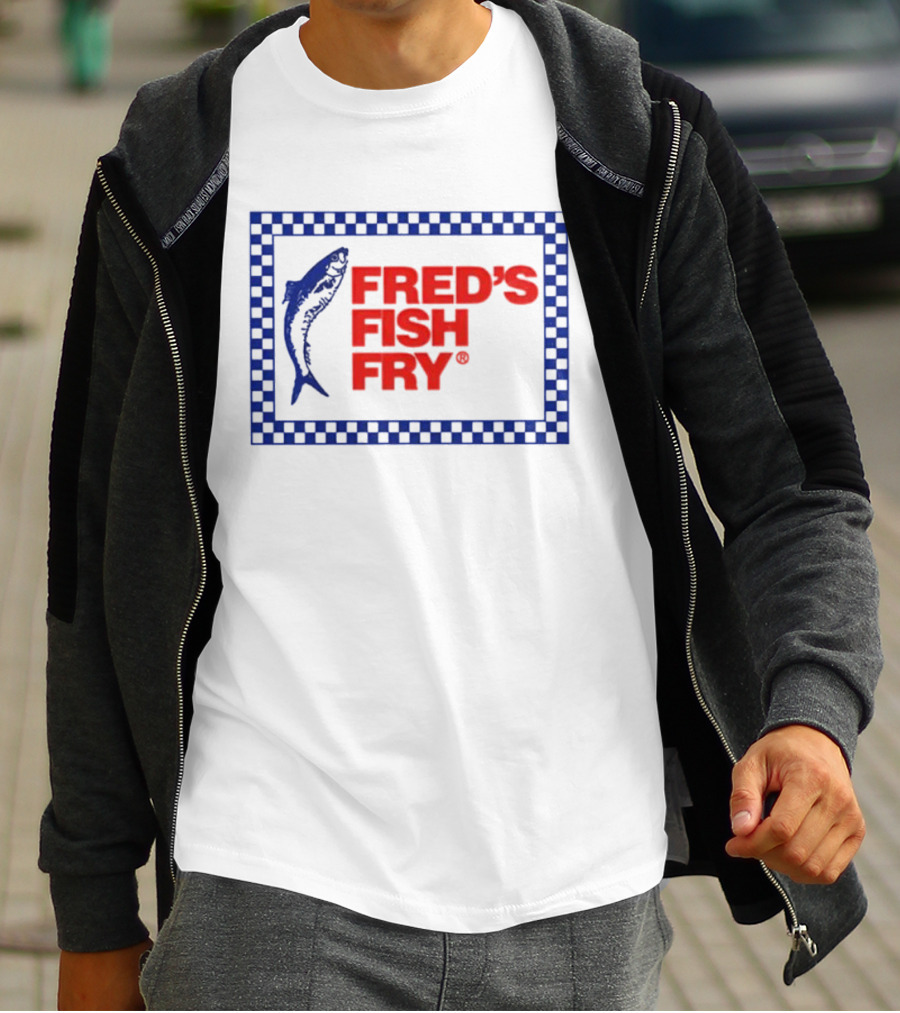 FRED'S FISH FRY Checkered Border With Jumping Fish T-Shirt