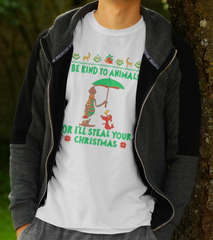 Be Kind To Animals Or I’ll Steal Your Christmas Grinch And Dog With Holiday Symbols T-Shirt