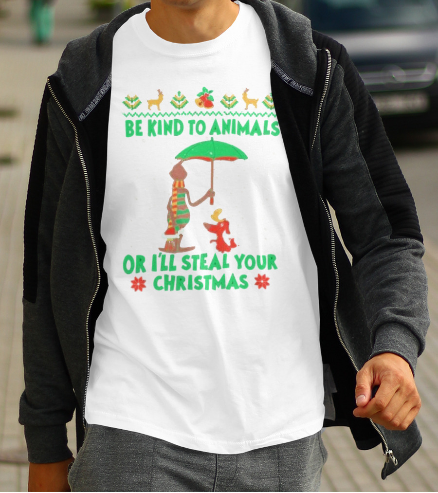Be Kind To Animals Or I’ll Steal Your Christmas Grinch And Dog With Holiday Symbols T-Shirt