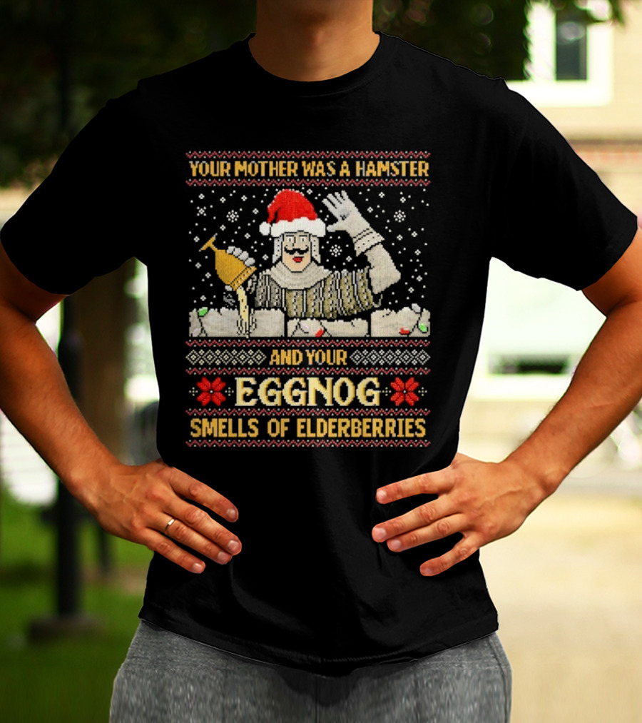 Your Mother Was A Hamster And Your Eggnog Smells Of Elderberries Christmas Santa Toasting T-Shirt