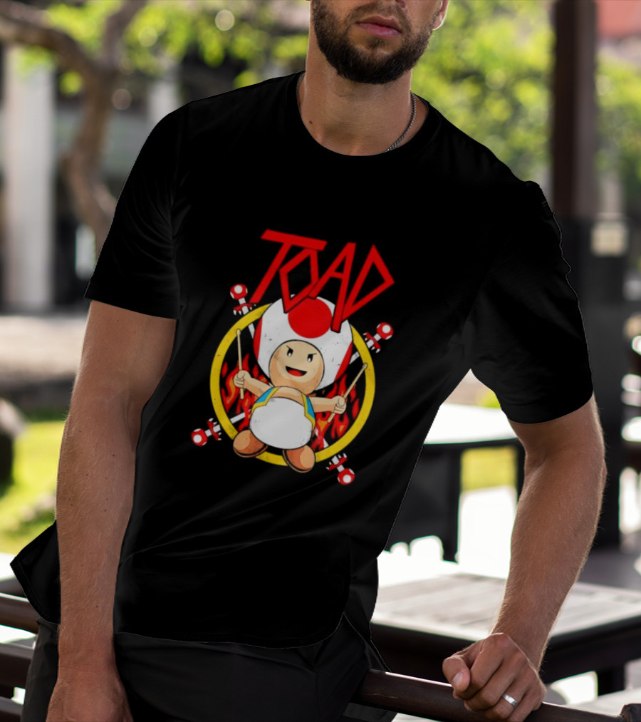 TOAD Heavy Metal Mushroom Drummer With Drumsticks And Flames Background T-Shirt