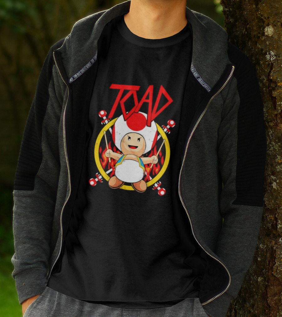 TOAD Heavy Metal Mushroom Drummer With Drumsticks And Flames Background T-Shirt