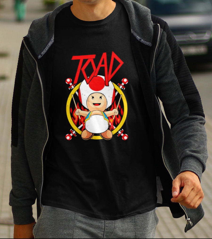 TOAD Heavy Metal Mushroom Drummer With Drumsticks And Flames Background T-Shirt