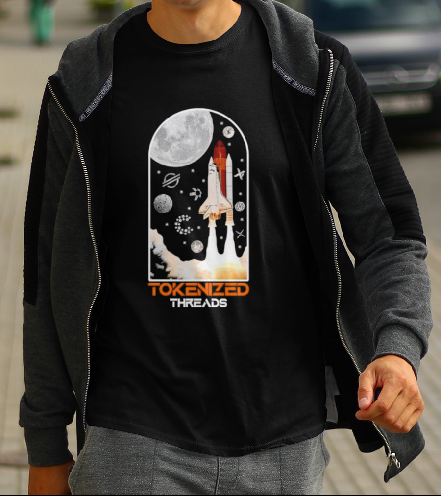 Tokenized Threads Space Shuttle Launch Under Moon With Planets And Stars T-Shirt