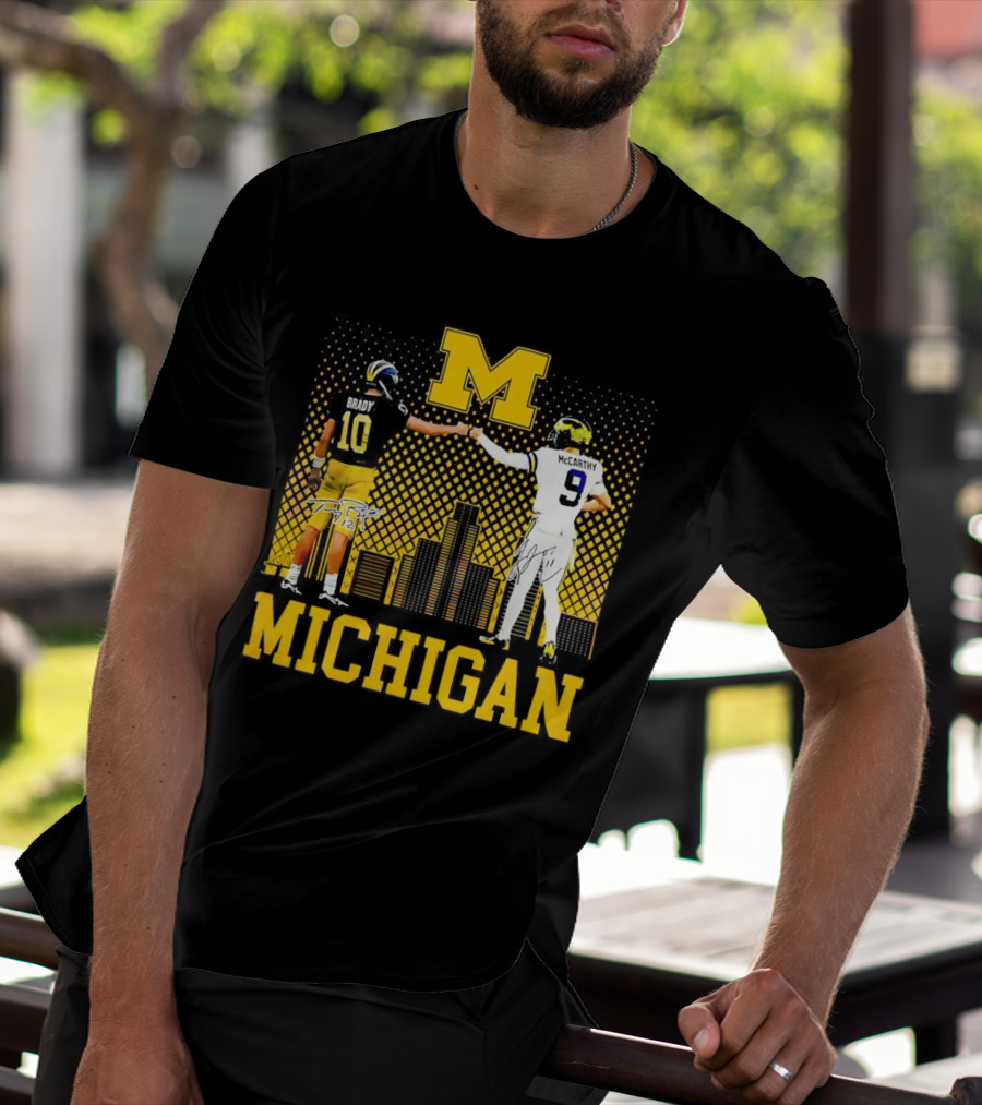 Michigan Wolverines Tom Brady Jj McCarthy Iconic Players Fist Bump Skyline T-Shirt